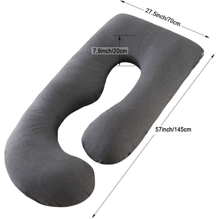 Подушка для вагітних SHANNA U-подібної форми XXL, велика подушка для годування, бічна подушка для сну, подушка для тіла U-подібної форми зі знімним і миється чохлом, подушки для вагітних 70 * 145 см (чорно-сірий, наволочка з бавовни)