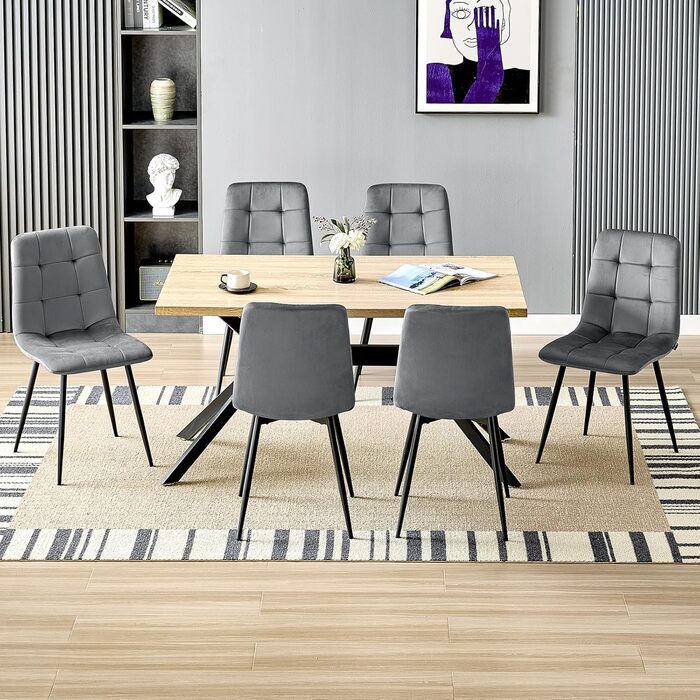 Набір з 6 обідніх стільців, м'який стілець з оксамитовою оббивкою та чорними металевими ніжками, кухонні стільці з максимальною вантажопідйомністю 120 кг, темно-сірий