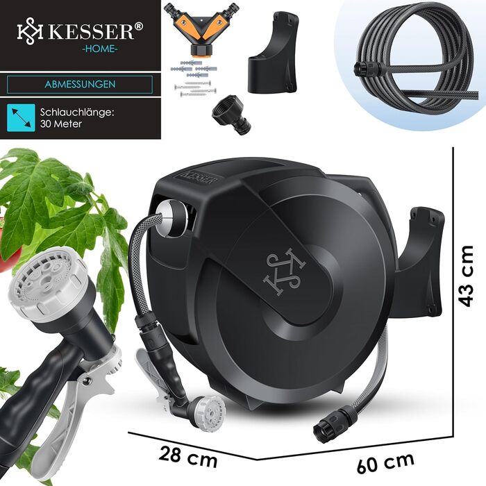 Кесер® барабан для садового шланга з автоматичним змотуванням | Настінна коробка для шланга з ручною лійкою (30м, антрацит/чорний)