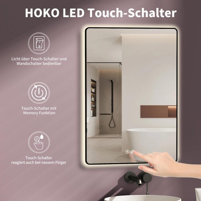 Дзеркало для ванної кімнати HOKO LED Texas 60x80 см / 80x60 см з підсвіткою, підігрівом проти запотівання та чорним металевим каркасом. Можливість встановлення HOCH+QUER. Сенсорне керування, зміна кольору світла 2700-6500K (тепле біле - холодне біле - ней