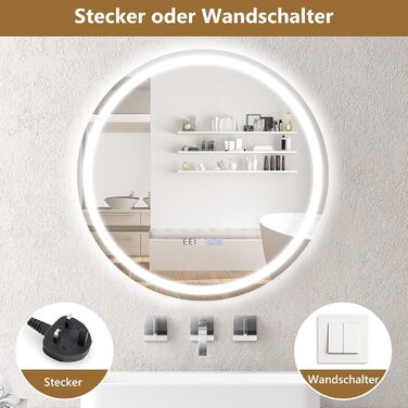 LED дзеркало для ванної кімнати Relax4Life з підсвічуванням, сенсорним вимикачем, протитуманним покриттям, регулюванням яскравості, 3 кольорами світла, індикатором часу та температури (60 x 60 см)