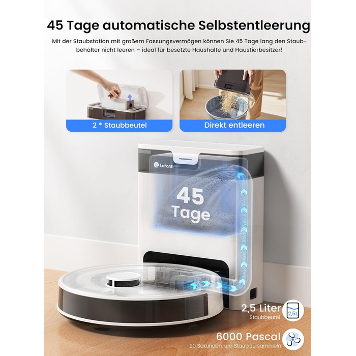 Робот-пилосос LEFANT M2 Plus з картографією, лазерною навігацією, 6000Pa, персоналізованим прибиранням, WiFi/App/Alexa, чорний