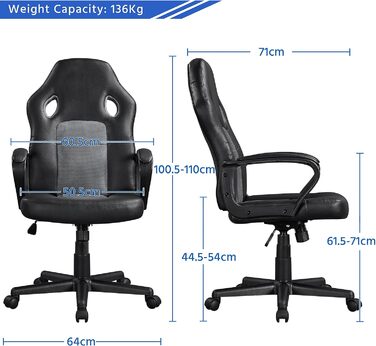 Офісне крісло Ігрове крісло Ергономічне ігрове крісло, комп'ютерне крісло з регулюванням висоти, стілець зі штучної шкіри, поворотний стілець з м'якими підлокітниками, сірий чорний/сірий