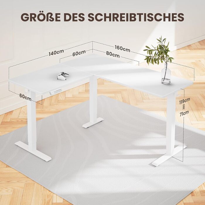 Електричний кутовий стіл ErGear 160 x 140 см, білий, з регулюванням висоти, 4 пам'яті