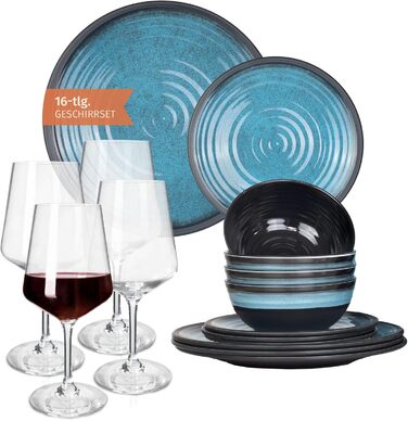 Набір посуду для кемпінгу Stone Design (12 предметів) з меламіну, для 4 особи, миється в посудомийній машині, посуд для пікніка, кемпінгу, синій