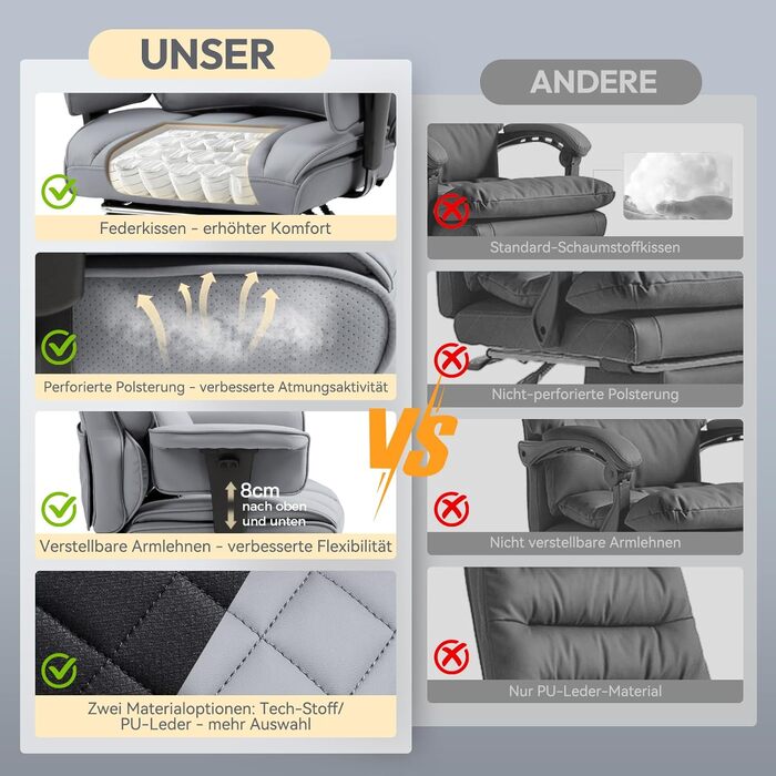 Ігровий крісло Dowinx, офісне ергономічне крісло з кишеньковим пружинним сидінням, крісло для начальника з подвійною м'якою спинкою, регульовані підлокітники та підставка для ніг, комп'ютерне крісло, PU, сірий колір