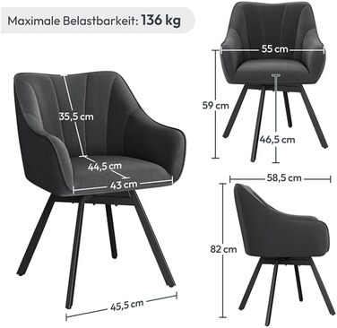 Крісло Yaheetech для кухні/їдальні/вітальні, обертається на 360°, з підлокітниками та металевими ніжками, темно-сірий, комплект з 4 шт.