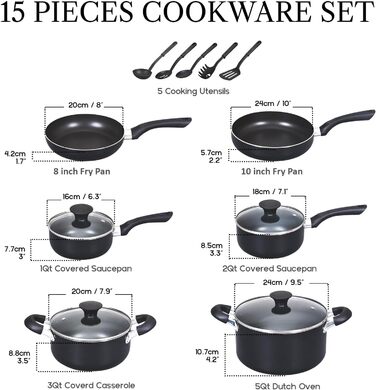 Набір посуду Cook N Home Basics 15 предметів: каструлі та сковорідки з антипригарним покриттям, алюміній, чорний