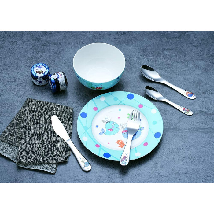 Набір дитячого посуду Exzact з нержавіючої сталі (6 шт.) - миска, тарілка, ніж, виделка, ложка для чаю, столова ложка - подарункова коробка