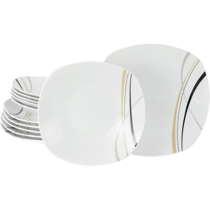 CreaTable Серія Square City Line: 18-частинний набір посуду для 6 осіб (12 тарілок), кавовий сервіз з порцеляни, придатний для миття в посудомийній машині та використання в мікрохвильовій печі, преміум-якість