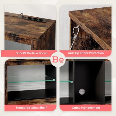 Тумба під TV Bestier, 160x35x52 см, для телевізорів до 65 дюймів, з RGB-підсвічуванням, керуванням кабелів та регульованою скляною полицею (140 см + розетка), колір - коричневий