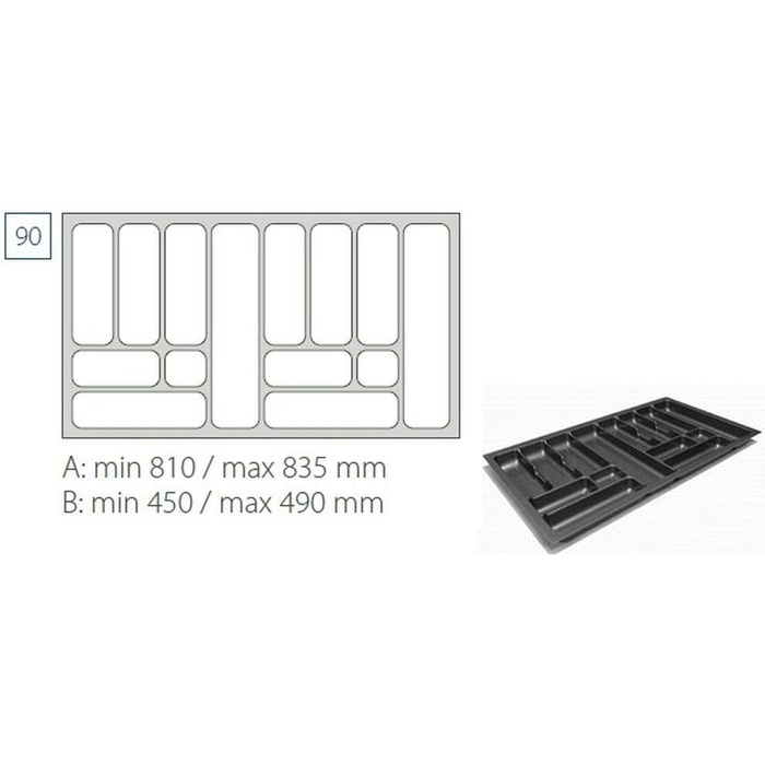 Вставка для столових приладів висувний ящик для столових приладів Comfort універсальний / для висувних ящиків 90-х років / розмір 810-835 мм / сріблястий