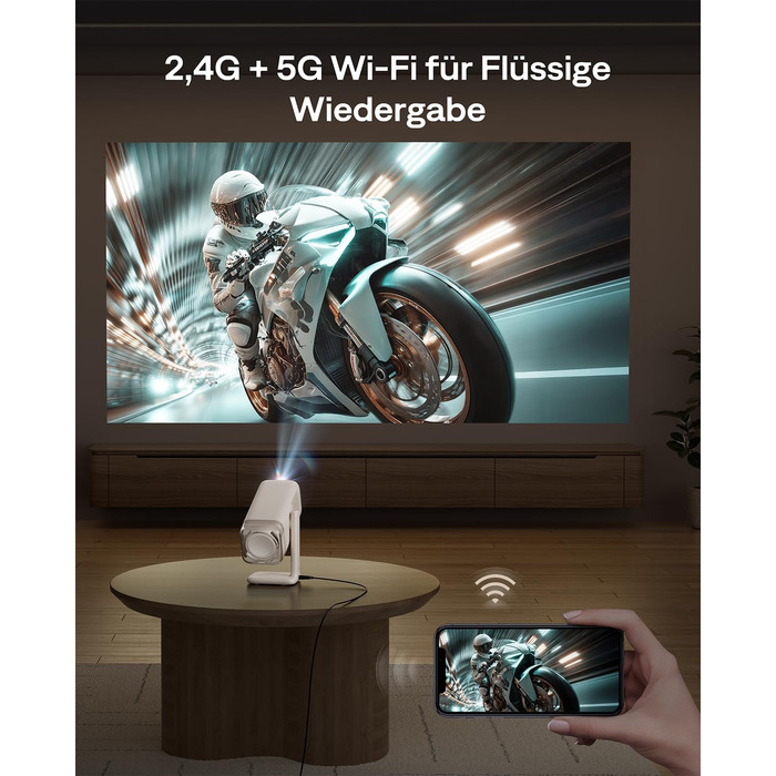 Портативний проєктор Aurzen Boom Air Mini з Google TV та Netflix, 4K, USB-C, Smart, Dolby Audio, WiFi, Bluetooth, автофокус TOF, поворотний штатив, кремово-білий