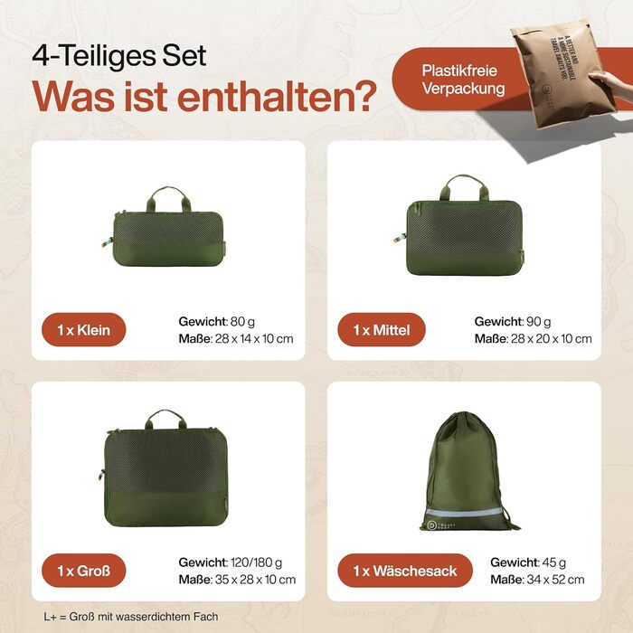 Набір компресійних органайзерів для одягу TRAVEL DUDE (4 шт.), легкі пакувальні куби з переробленого пластику для валізи та рюкзака, темно-зелені
