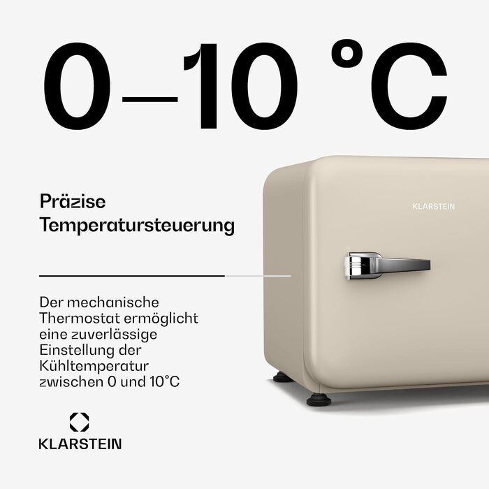 Міні-холодильник Klarstein Audrey Evo 68L: Ретро-дизайн, тиха робота 40 dB, компресор, регульовані ніжки, двері, що відкидаються, для спальні та офісу (43 L, Енергоклас E, кремовий)