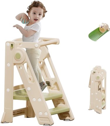 Стілець-сходинка для дітей Hoopyosms: регульована висота, складаний, Montessori, для кухні, ванної кімнати та дитячої кімнати, від 1 року (зелений, Classic)