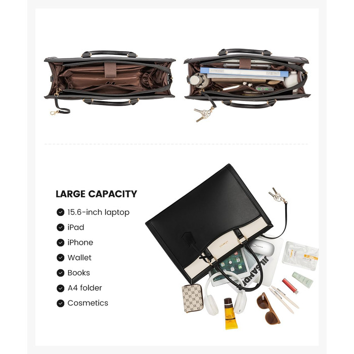 LOVEVOOK Сумка для ноутбука 15.6 дюймів, жіноча, велика, з натуральної шкіри, сумка-шоппер, сумка-тоут, для роботи, навчання, універсальна, чорно-бежева