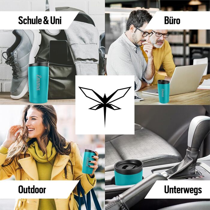 Термокружка з гравіюванням, 350 мл, чорна (бірюзова з іменем), 100% без витоку