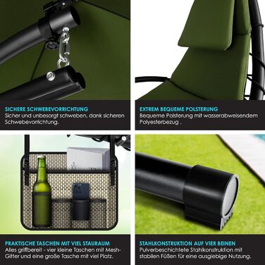 Кесер® Розкішна гамак-шезлонг з сонцезахисним козирком, 194x100 см, до 120 кг, з подушкою для шиї та сумкою (Хакі)