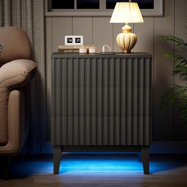 LED тумбочка Gurexl з бездротовою зарядкою та 3 шухлядами, з USB та Type-C, з датчиком руху, чорна