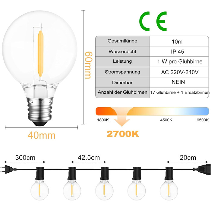 LED гірлянда на батарейках для зовнішнього використання, 10 метрів, 17+1 тепле світло G40, вологостійка IP45, для саду, балкону, тераси