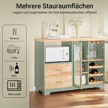 Буфет-комод SoBuy з скляними дверцятами, шухлядами та робочою поверхнею 120 см, нішею для мікрохвильової печі та полицею для вина. Кухняні меблі для вітальні та їдальні. Колір: зелений, розмір: 120x90x40 см