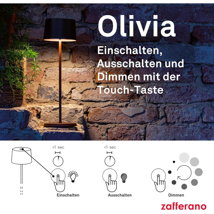 Zafferano Olivia Pro: портативна лампа з регулюванням яскравості, золото, 35 см