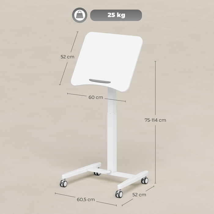 Регульований за висотою стіл для стояння, мобільний стіл з нахиленою стільницею, стопор безпеки, колеса, білий