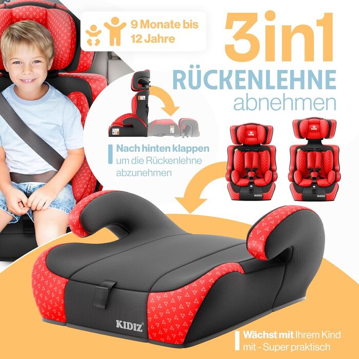 Автокрісло KIDIZ® Triangle Premium | 9-36 кг, 1-12 років, група 1/2/3 | Червоне | ЕCE R129/03