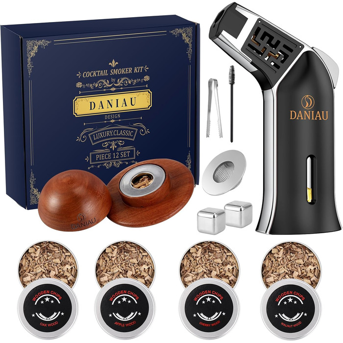 Набір для копчення напоїв Cocktail з 4 смаками, дерев'яні чіпси для віскі, набір для приготування коктейлів, інфузор для бурбону з повторно використовуваними кубиками льоду, круглий чорний