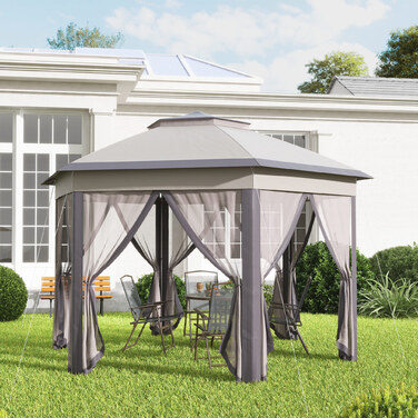 Альтанка Outsunny Garden Folding Gazebo 4x4 м Pop Up Tent Party Tent з сумкою для перенесення та 6 бічними панелями, подвійний навіс шестикутний у кавовому та бежевому кольорах