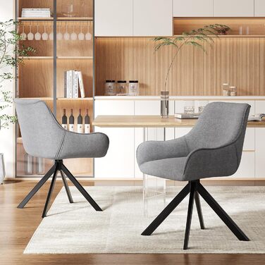 Обідні стільці поворотні, комплект 2 шт. з підлокітниками, світло-сірий льон. Сучасні поворотні стільці для кухні, вітальні, офісу. Металевий каркас, м'яке сидіння, підходить для їдальні, вітальні, офісу, колір: коричневий.