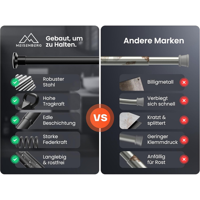 Телескопічна штанга для кріплення 260-310 см, Ø 25 мм, багатофункціональна штанга без свердління - для штор, душових перегородок, ванної кімнати та балкону (50-80 см, матовий чорний)