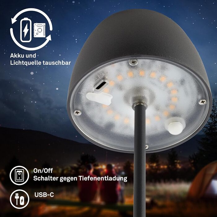 BRILONER Міні LED-лампа настільна бездротова IP44 з сенсором, регульована яскравість, акумулятор, замінне джерело світла, 8x20 см, антрацит