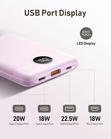 Зовнішній акумулятор Power Bank 10000mAh VEEKTOMX 22.5W Mini PD3.0 QC3.0 USB C Сумісний з iPhone/Samsung тощо Фіолетовий