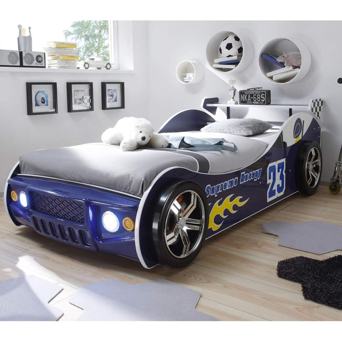 Автомобільне ліжко Stella Trading ENERGY зі світлодіодним освітленням 90 x 200 см - Захоплююче автоліжечко для маленьких гонщиків в - 105 x 60 x 225 см (W/H/D) (Синій)