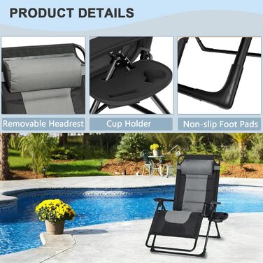 Розкішне крісло-шезлонг для саду, 72 см, з підстаканником та подушкою, сірий колір