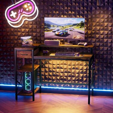 Ігровий стіл Oak & Tea 120x52 см з ящиками, регульованою полицею та тримачем для монітора – для навчання, ігор, роботи та дому. Колір: коричневий та чорний (вінтажний).