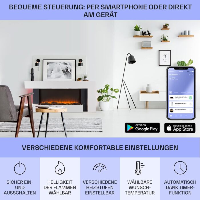 Електрокамін Klarstein Light & Fire 2 Smart з LED-полум'ям, 2000 Вт, настінний, з пультом та таймером, білий, економний, корпус MDF