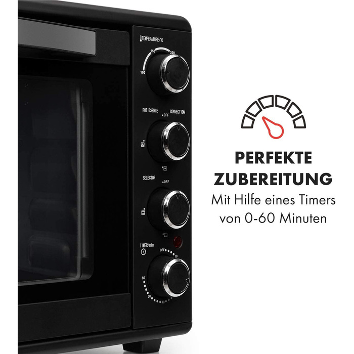 Міні-піч Klarstein Masterchef: 60 л, об'єм 60 літрів, з конвекцією, обертовим шампуром, таймером, подвійним склом, нагрівом зверху та знизу, з нержавіючої сталі, 2000 Вт, чорний колір