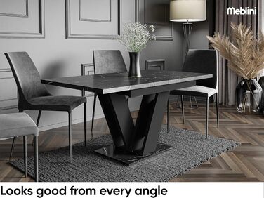Обідній стіл Mebleini розсувний, сучасний, чорний глянцевий/білий глянцевий (120-160x80x75см, чорний мармур/чорний матовий)