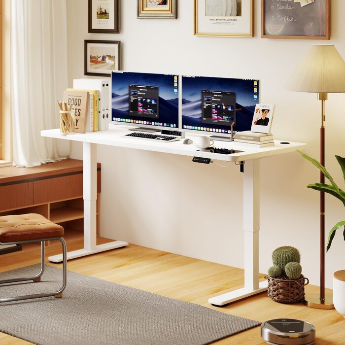 Регульований стіл Devoko з USB-роз'ємом: електричний, для роботи, стоячи/сидячи, 180x80 см, білий