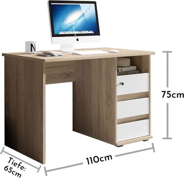 Письмовий стіл Stella Trading 1 з висувними ящиками, - Офісний стіл Комп'ютерний стіл для домашнього офісу з місцем для зберігання та відкритим відсіком для зберігання - 110 x 75 x 65 см (Ш/В/Г) (ширина 110 см, дуб сонома / білий)