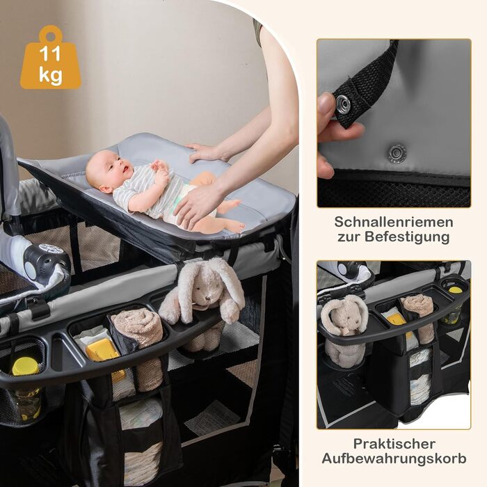 Дитяче туристичне ліжко COSTWAY 5 в 1 з матрацом, сірим кольором, до 15 кг, з пеленатором та іграшкою