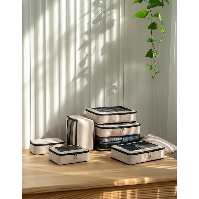 Набір органайзерів для подорожей ECOHUB для валізи, 7 шт, сумки для одягу та взуття з переробленого PET, екологічні пакувальні куби, бежевий