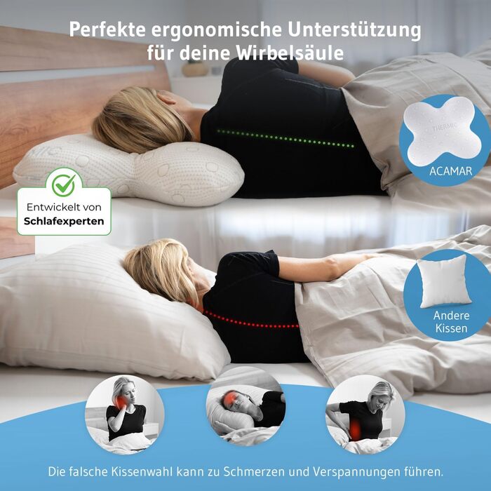 Ортопедична подушка для тих, хто спить на боці Acamar Thermic Ivory, комплект з чохлом, для профілактики болю в шиї, з піною з пам'ефекту, ергономічна подушка з термо-чохлом Acamar
