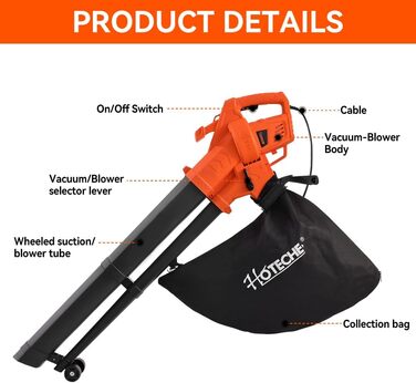 Hoteche 3000W потужний листягрій з функцією подрібнення та всмоктування | Швидкість вітру 270 км/год | Об'єм всмоктування 13 м³/хв | У комплекті мішок для збору листя 45л