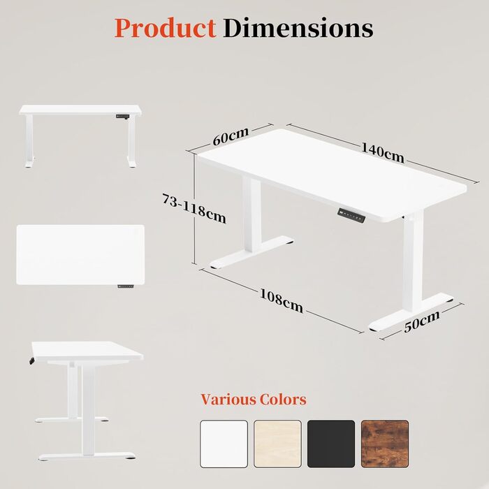 Електричний стіл 140x60 см, регулювання висоти, комп'ютерний стіл, без швів, білий
