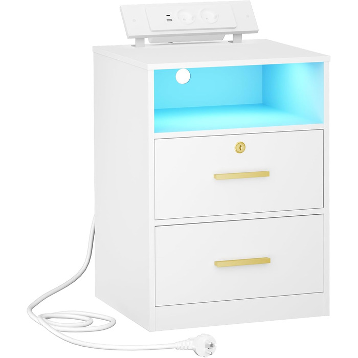 Приліжковий столик Hzuaneri з USB, Type-C, LED-підсвіткою, 2 шухлядами і замком, білий для спальні/вітальні