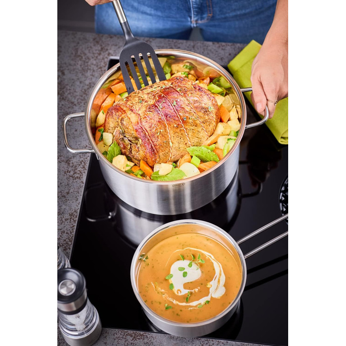 Набір каструль RÖSLE Basic Line 4 шт. з нержавіючої сталі 18/10, склокришки, зручний бортик, індукційне дно, придатний для миття в посудомийній машині, сріблястий/чорний